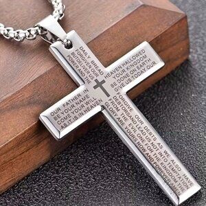 Silver Cross Necklace Lord's Prayer Engraved Christian Pendant Jewelry Gift